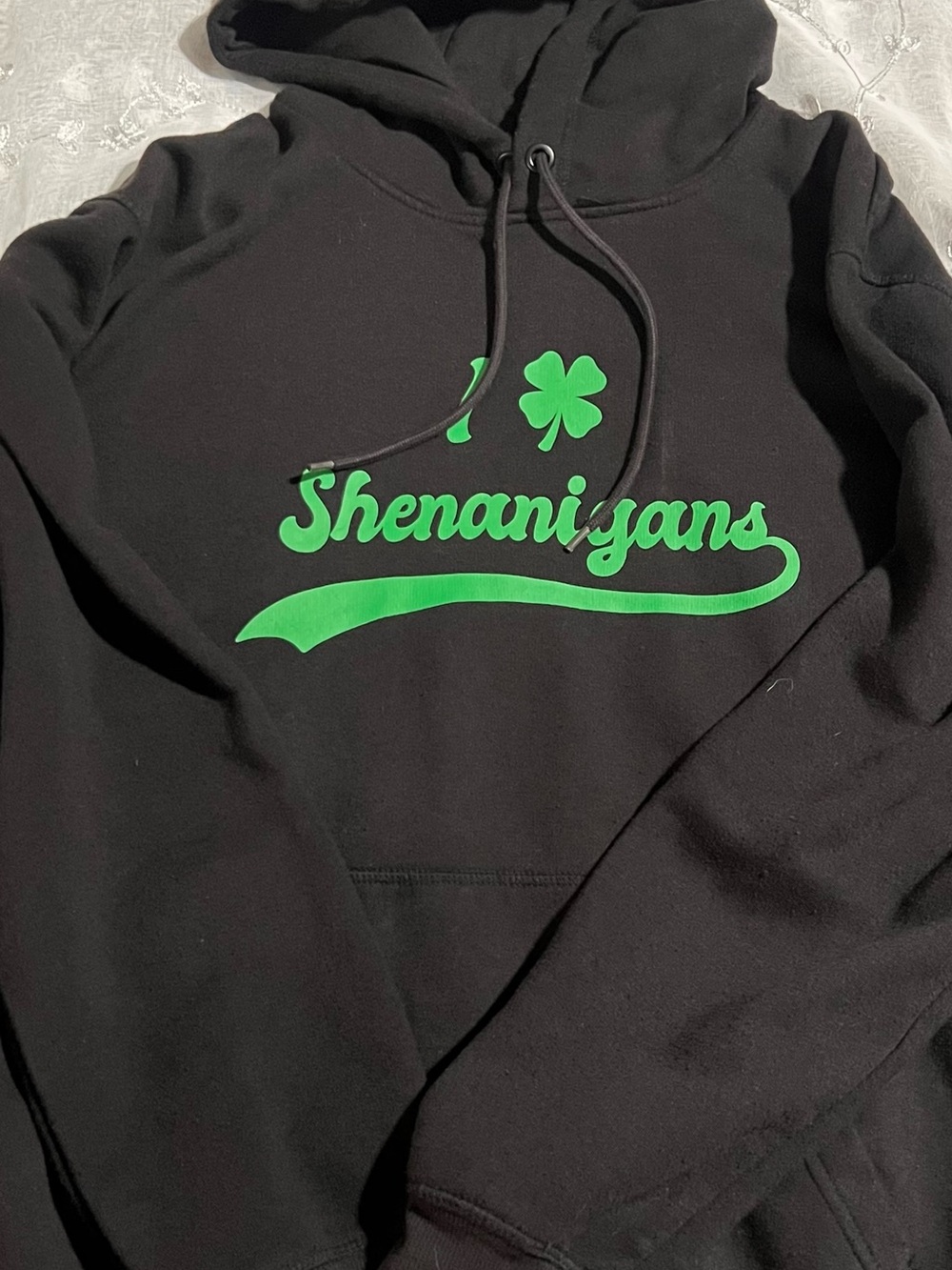 Source Unknown Black Hoodie with Green "Shenanigans" Script
